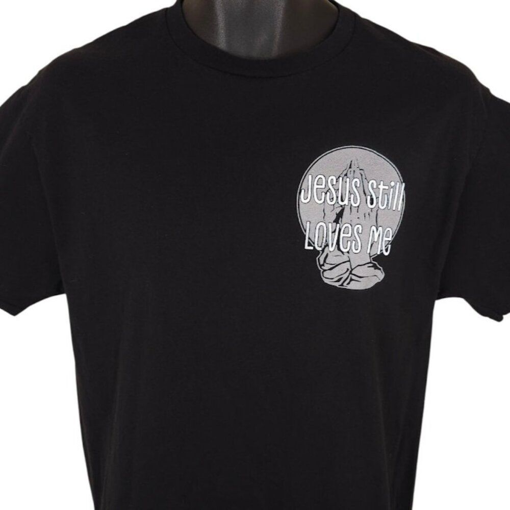 Christian T Shirt Mens Size Medium Black Jesus Christ Still Loves Me Praying
